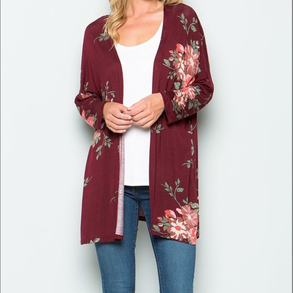 Sweaters - OMG Burgundy floral kimono top S NEW